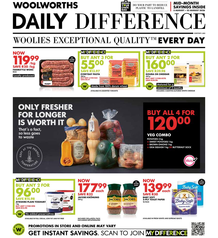 Woolworths Gauteng, Northern Cape, Limpopo, Mpumalanga, Free State & North West : Daily Difference (03 August - 23 August 2026)